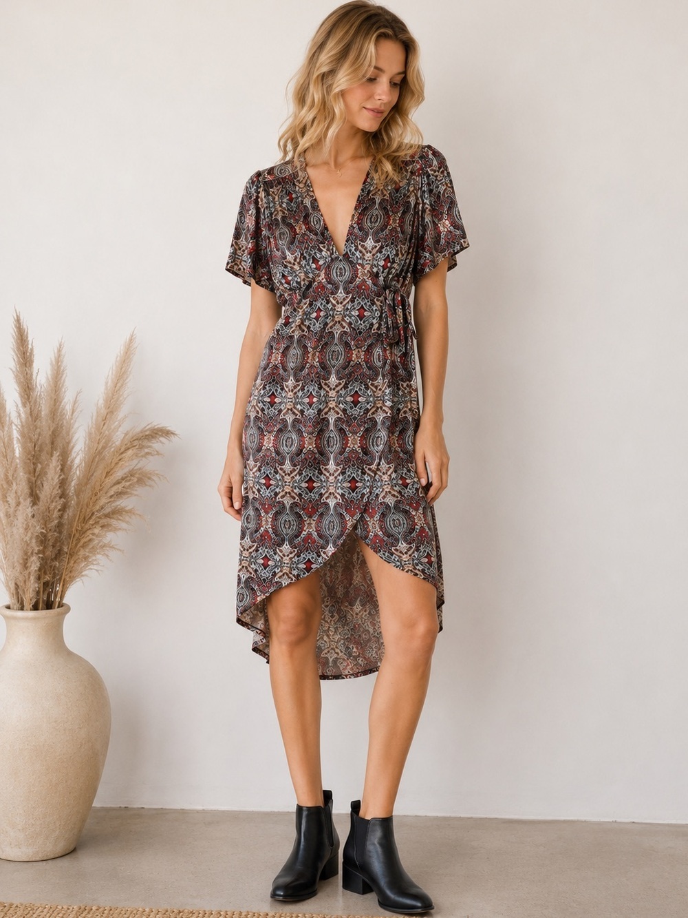 Angie Velvet Printed Multicolor Boho Wrap Dress with Red Accents